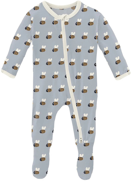 KicKee Pants Print Footie with 2 Way Zipper - Pearl Blue Baby Bumblebee, 3-6 Months