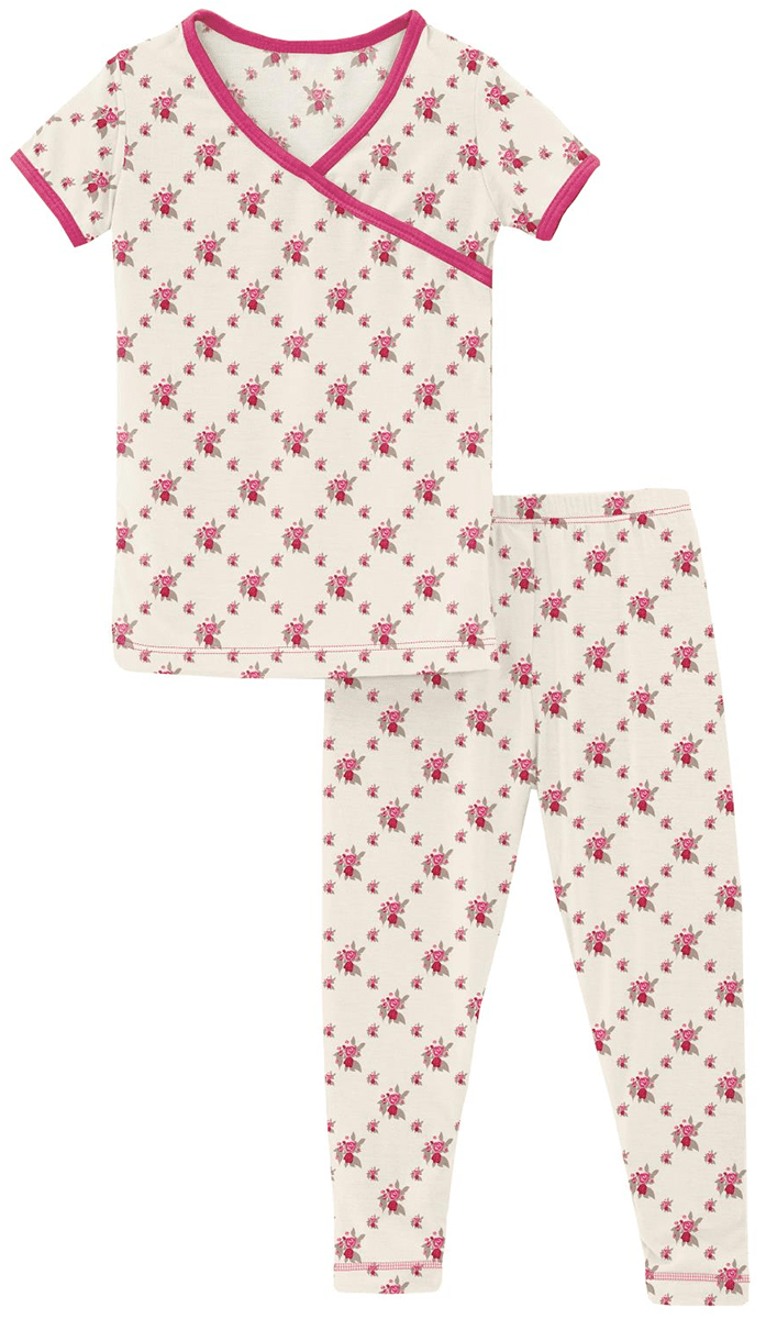 KicKee Pants Short Sleeve Kimono Pajama Set - Natural Rose Trellis, 2T