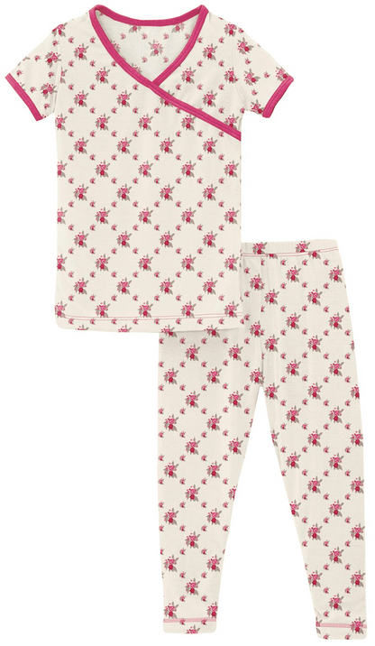 KicKee Pants Short Sleeve Kimono Pajama Set - Natural Rose Trellis, 3T