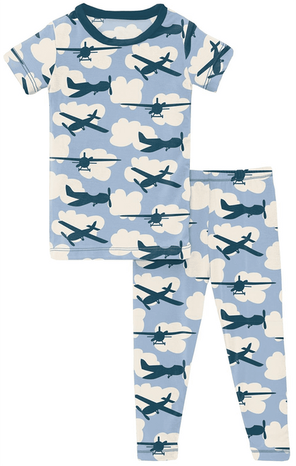 KicKee Pants Short Sleeve Pajama Set - Pond Airplanes, 2T