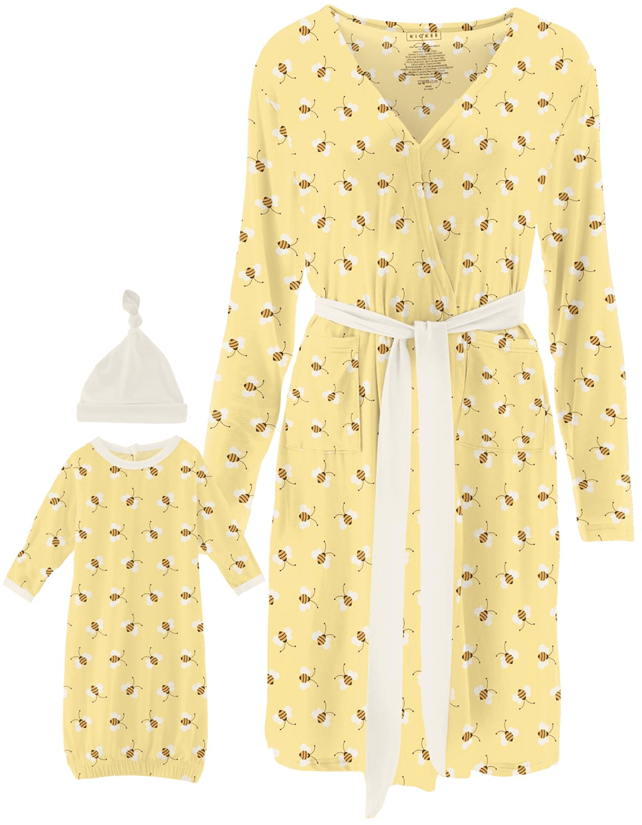 KicKee Pants Women's Mid Length Lounge Robe & Layette Gown Set - Wallaby Bees, L