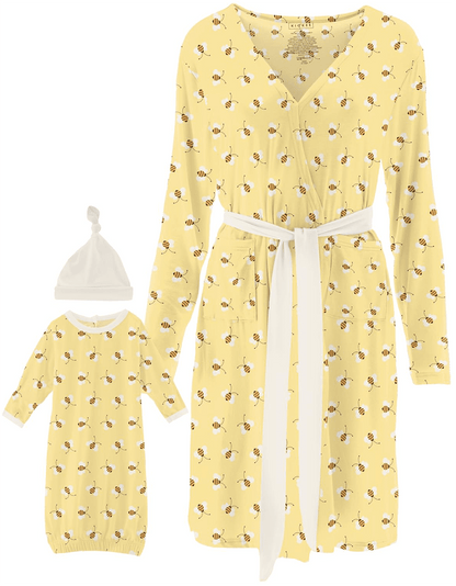 KicKee Pants Women's Mid Length Lounge Robe & Layette Gown Set - Wallaby Bees, L