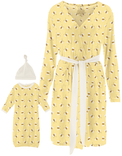 KicKee Pants Women's Mid Length Lounge Robe & Layette Gown Set - Wallaby Bees, S