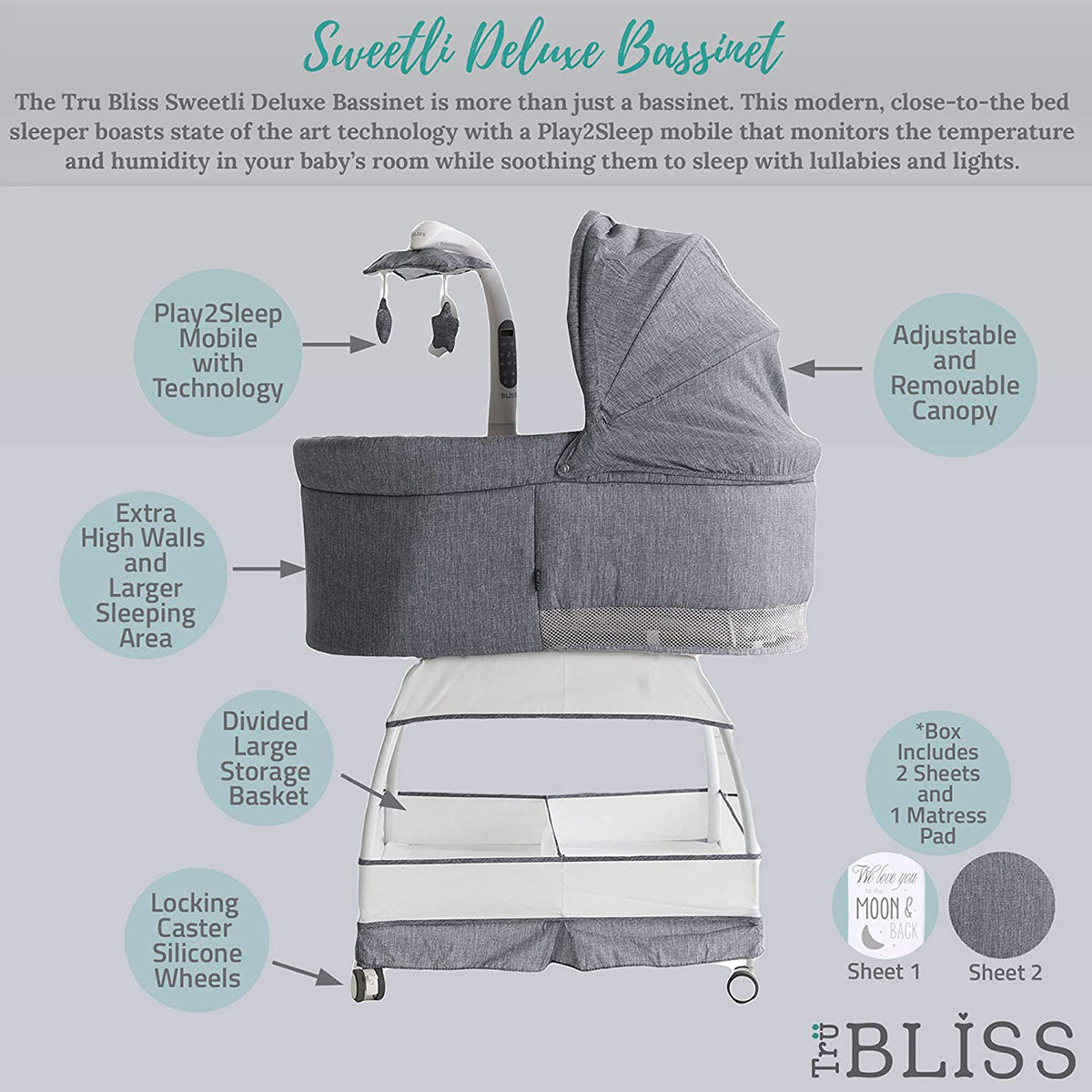 TruBliss Deluxe Bassinet - Stonewash