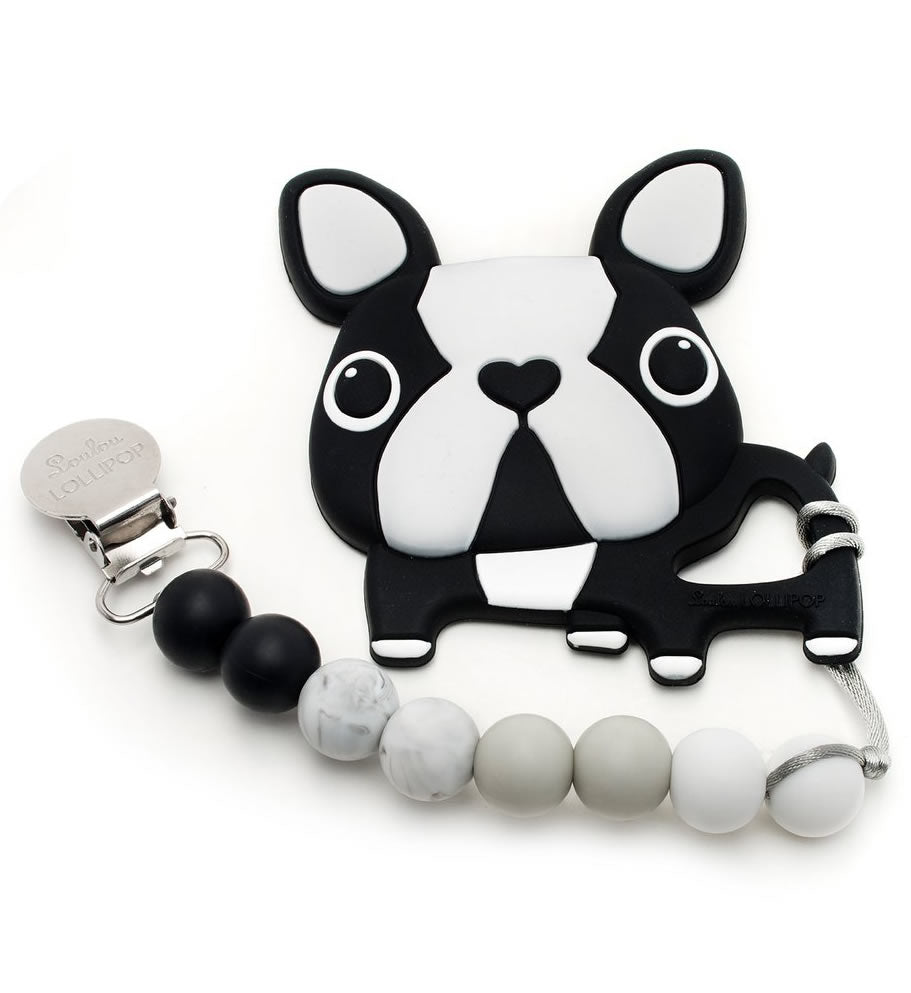 Loulou Lollipop Silicone Teether with Clip - Boston Terrier/Black