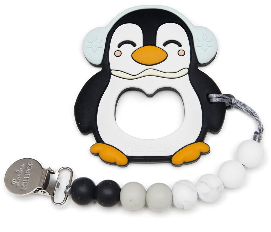 Loulou Lollipop Silicone Teether with Clip - Peguin/Black