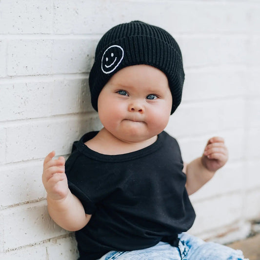 millie+roo Smile Rib Knit Beanie - Black (0-1Y)