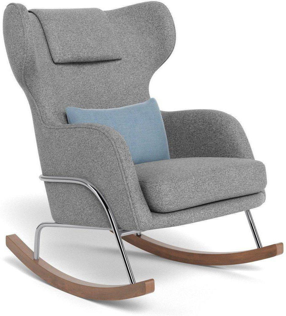 Monte Design Grand Jackson Rocker - Chrome / Performance Weave Pepper Grey Fabric / Brushed Cotton-Linen Sky Pillow