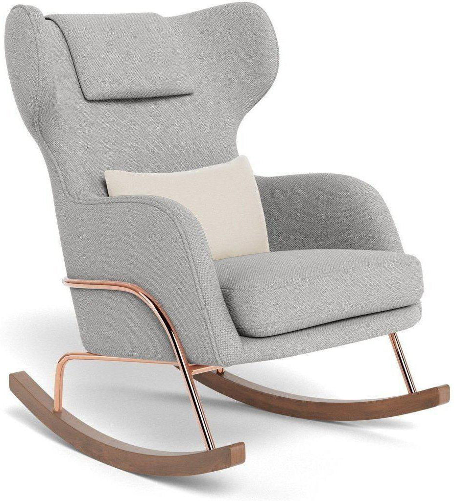 Monte Design Grand Jackson Rocker - Rose Gold Copper / Performance Weave Cloud Grey Fabric / Brushed Cotton-Linen Beach Pillow