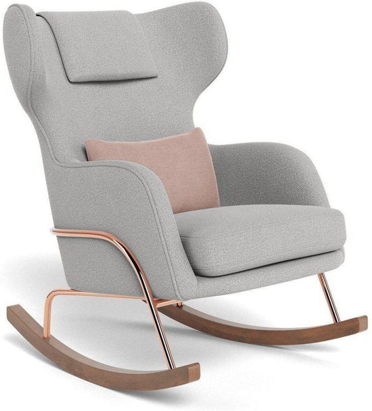 Monte Design Grand Jackson Rocker - Rose Gold Copper / Performance Weave Cloud Grey Fabric / Brushed Cotton-Linen Blush Pillow