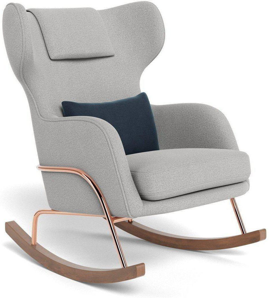 Monte Design Grand Jackson Rocker - Rose Gold Copper / Performance Weave Cloud Grey Fabric / Brushed Cotton-Linen Midnight Blue Pillow