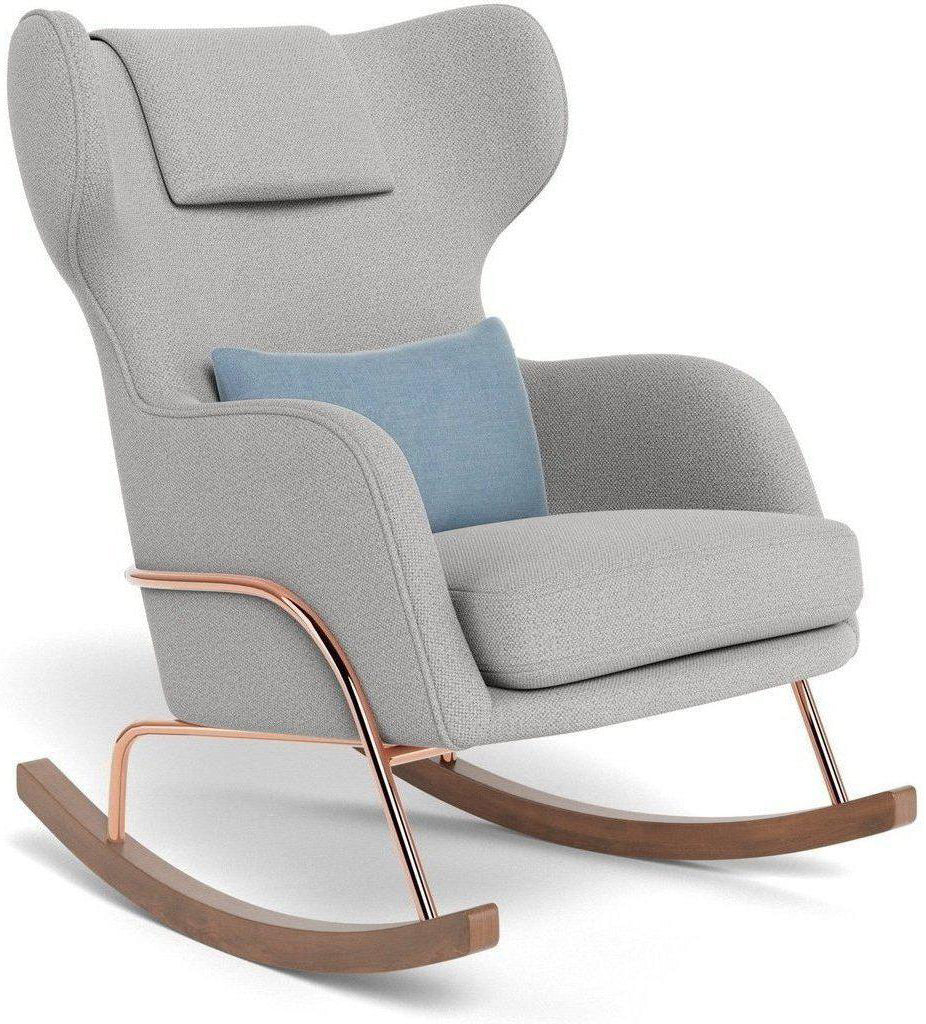 Monte Design Grand Jackson Rocker - Rose Gold Copper / Performance Weave Cloud Grey Fabric / Brushed Cotton-Linen Sky Pillow