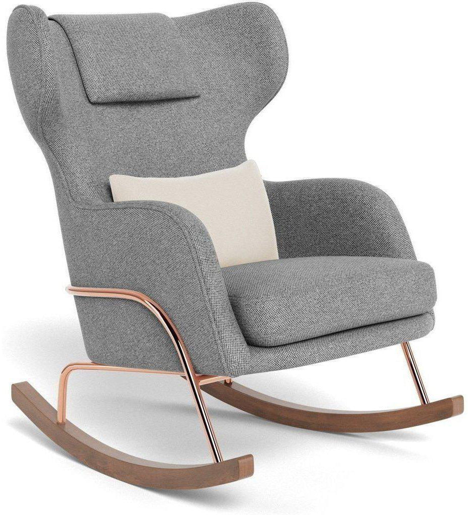 Monte Design Grand Jackson Rocker - Rose Gold Copper / Performance Weave Pepper Grey Fabric / Brushed Cotton-Linen Beach Pillow