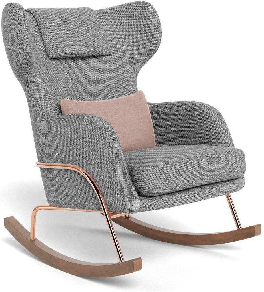 Monte Design Grand Jackson Rocker - Rose Gold Copper / Performance Weave Pepper Grey Fabric / Brushed Cotton-Linen Blush Pillow