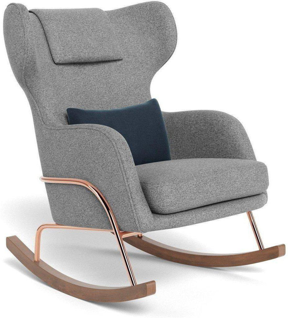 Monte Design Grand Jackson Rocker - Rose Gold Copper / Performance Weave Pepper Grey Fabric / Brushed Cotton-Linen Midnight Blue Pillow