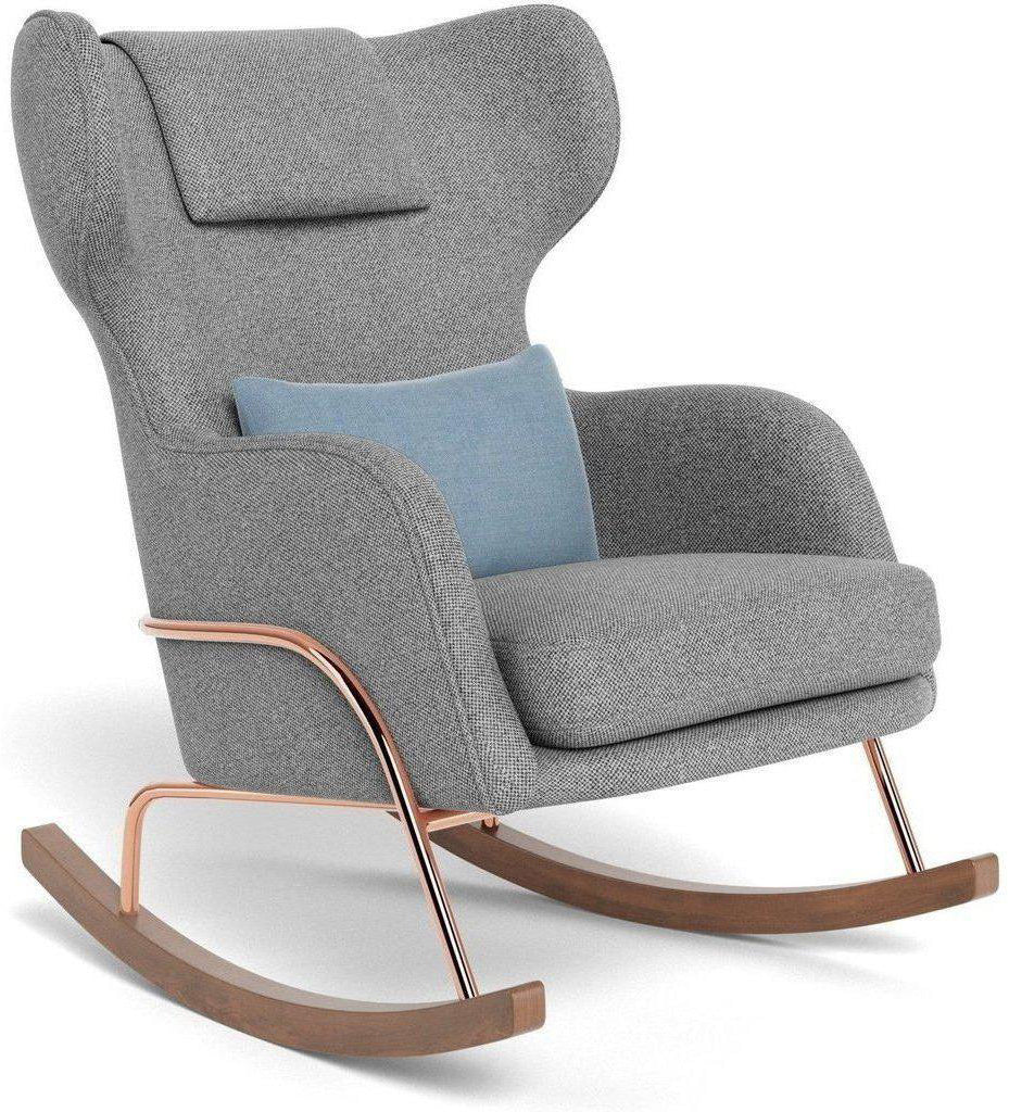 Monte Design Grand Jackson Rocker - Rose Gold Copper / Performance Weave Pepper Grey Fabric / Brushed Cotton-Linen Sky Pillow