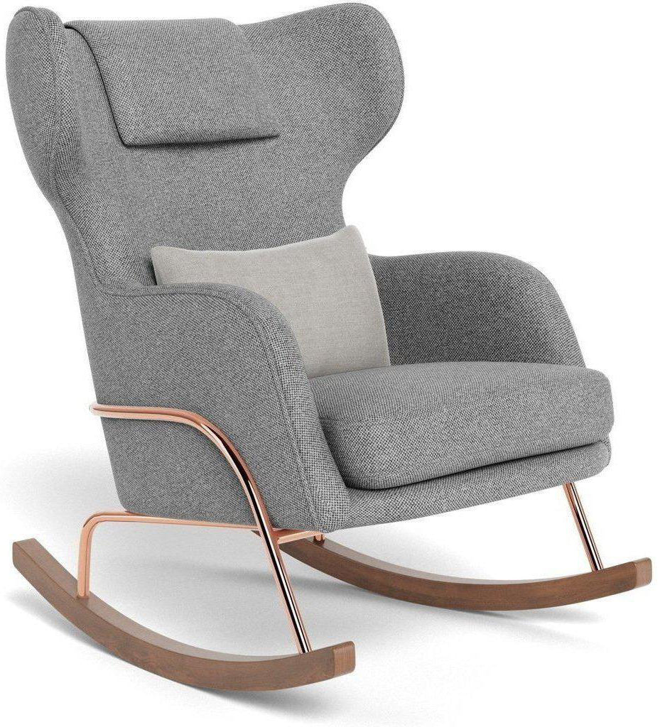 Monte Design Grand Jackson Rocker - Rose Gold Copper / Performance Weave Pepper Grey Fabric / Brushed Cotton-Linen Smoke Pillow