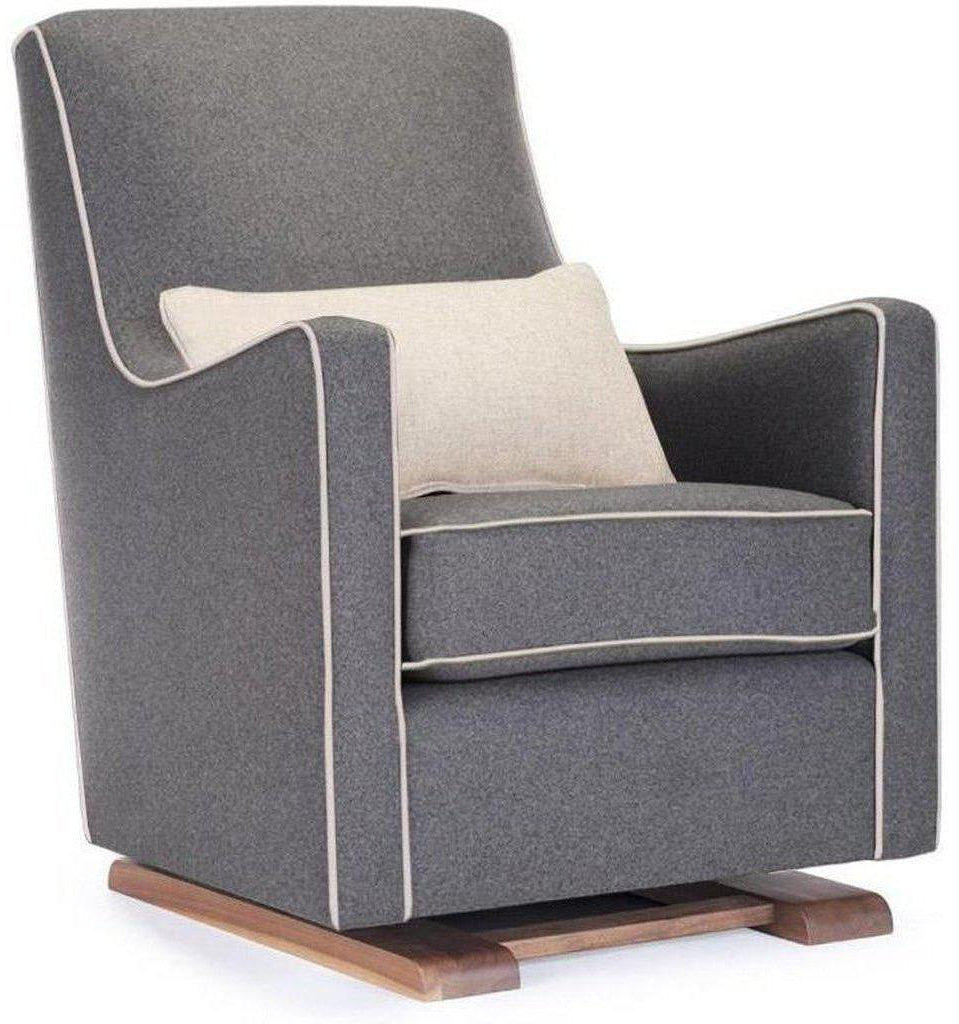 Monte Design Luca Glider - Walnut Base / Dark Grey Italian Wool Fabric / Oatmeal Piping & Pillow