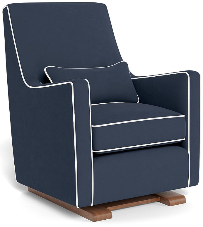 Monte Design Luca Glider - Walnut Base / Navy Blue Performance Microfiber Fabric & Pillow / White Piping