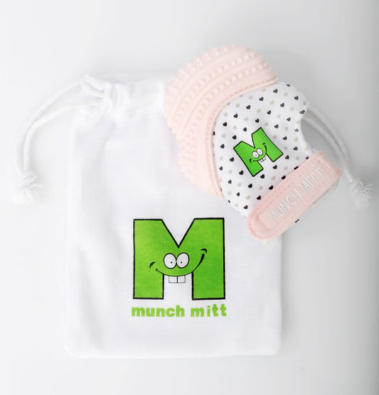 Munch Mitt Teething Mitten - Pastel Pink Hearts