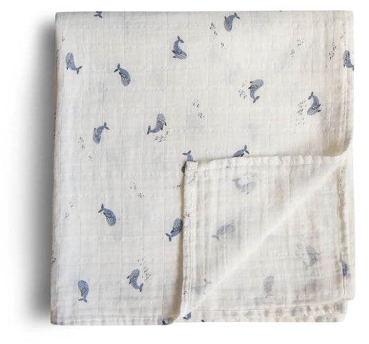 Mushie Organic Cotton Muslin Swaddle Blanket - Whales