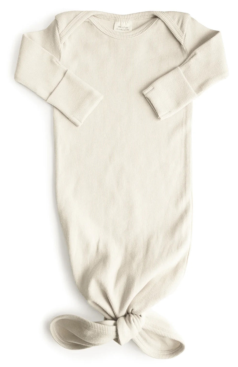 Mushie Ribbed Knotted Baby Gown - Ivory