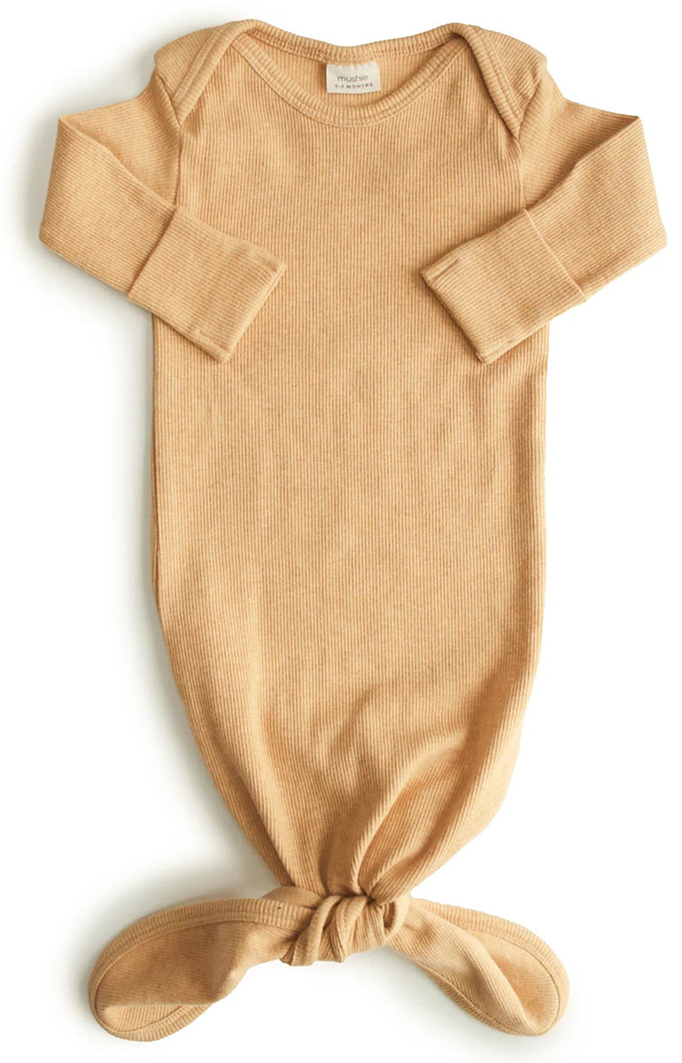 Mushie Ribbed Knotted Baby Gown - Mustard Melange