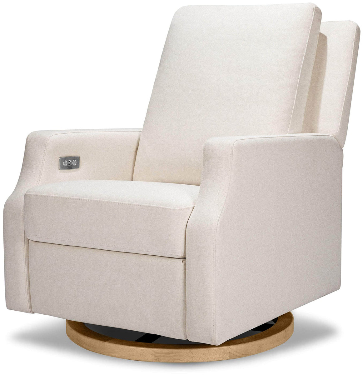 Namesake Crewe Electronic Swivel Glider Recliner w/ USB - Performance Cream Eco-Weave w/Light Wood Base