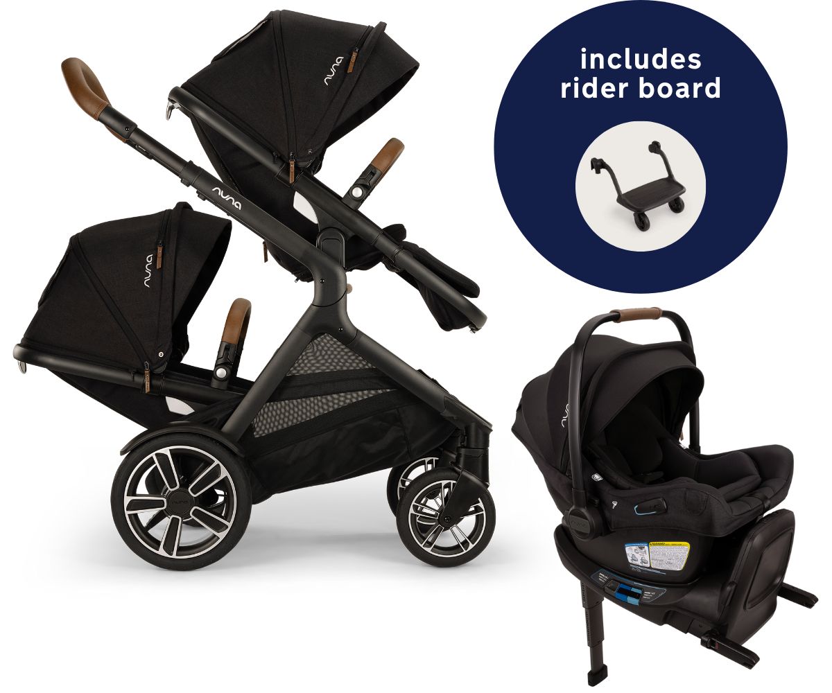 Nuna DEMI Next Double Stroller with Rider Board + PIPA Aire RX Travel System Bundle - Caviar