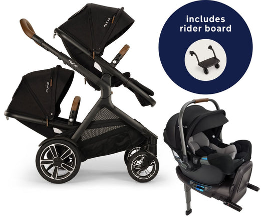 Nuna DEMI Next Double Stroller with Rider Board + PIPA RX Travel System Bundle - Caviar