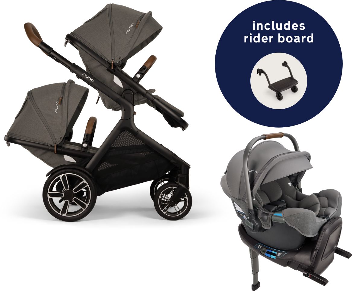 Nuna DEMI Next Double Stroller with Rider Board + PIPA RX Travel System Bundle - Granite