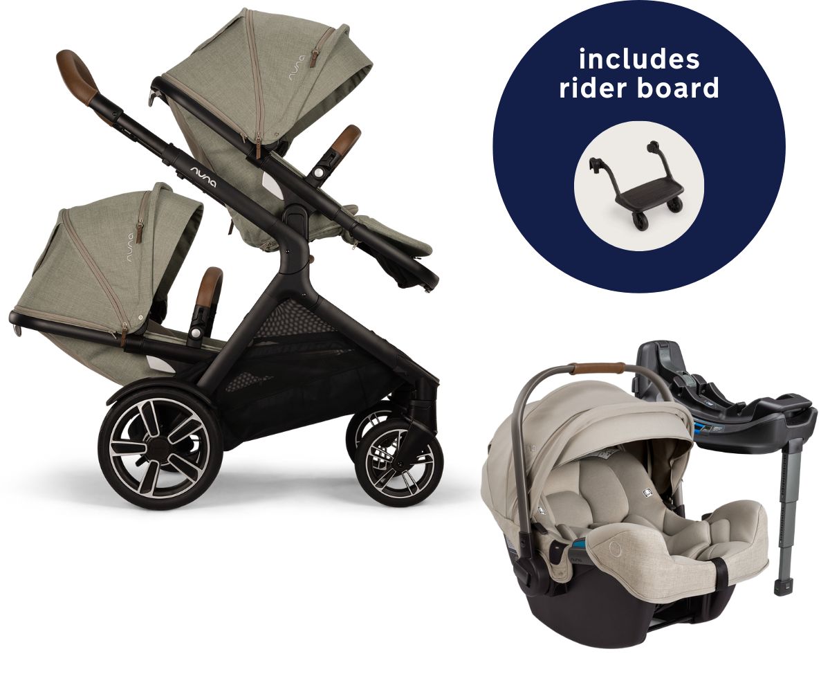 Nuna DEMI Next Double Stroller with Rider Board + PIPA RX Travel System Bundle - Hazelwood