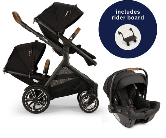 Nuna DEMI Next Double Stroller with Rider Board + PIPA urbn Travel System Bundle - Caviar