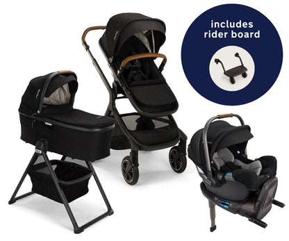 Nuna DEMI Next Stroller with Rider Board + DEMI Grow Bassinet with Stand + PIPA RX Travel System Bundle - Caviar