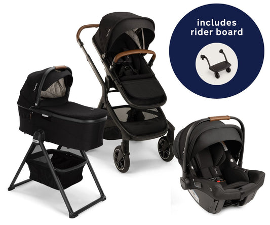 Nuna DEMI Next Stroller with Rider Board + DEMI Grow Bassinet with Stand + PIPA urbn Travel System Bundle - Caviar