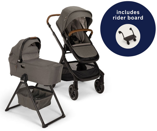 Nuna DEMI Next Stroller with Rider Board + DEMI Next Bassinet with Stand Bundle - Granite