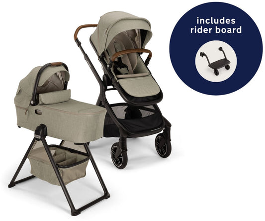 Nuna DEMI Next Stroller with Rider Board + DEMI Next Bassinet with Stand Bundle - Hazelwood