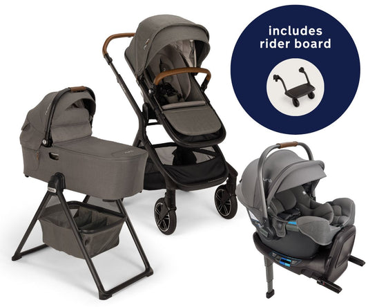 Nuna DEMI Next Stroller with Rider Board + DEMI Next Bassinet with Stand + PIPA RX Travel System Bundle - Granite