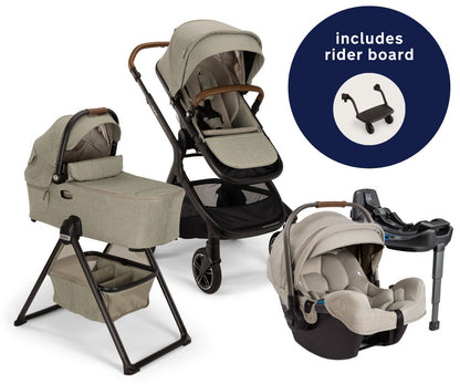 Nuna DEMI Next Stroller with Rider Board + DEMI Next Bassinet with Stand + PIPA RX Travel System Bundle - Hazelwood