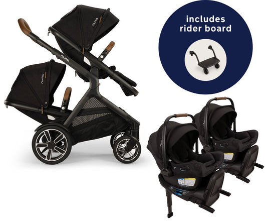 Nuna DEMI Next Twin Double Stroller with Rider Board + PIPA Aire RX Travel System Bundle - Caviar