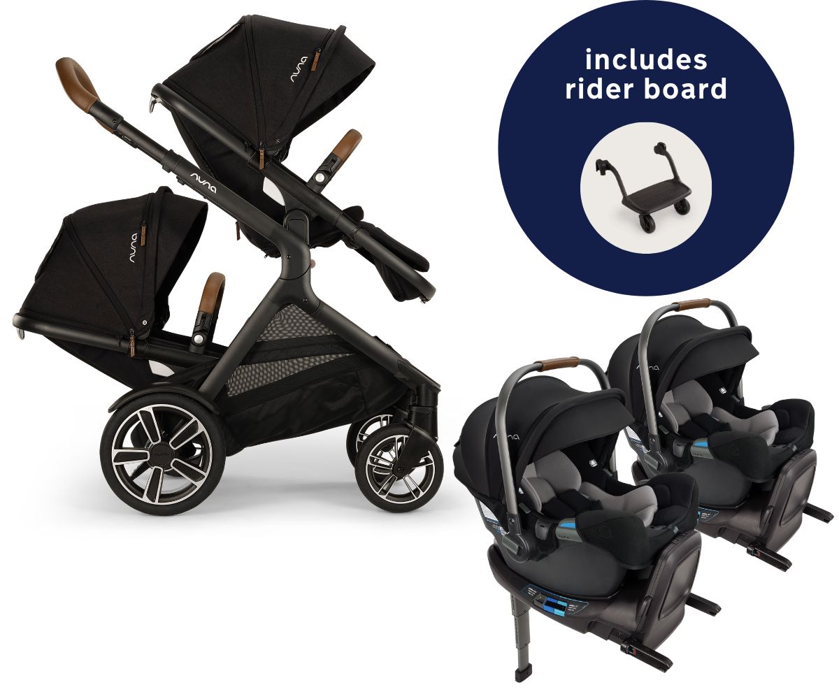 Nuna DEMI Next Twin Double Stroller with Rider Board + PIPA RX Travel System Bundle - Caviar