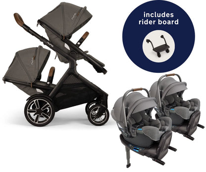 Nuna DEMI Next Twin Double Stroller with Rider Board + PIPA RX Travel System Bundle - Granite