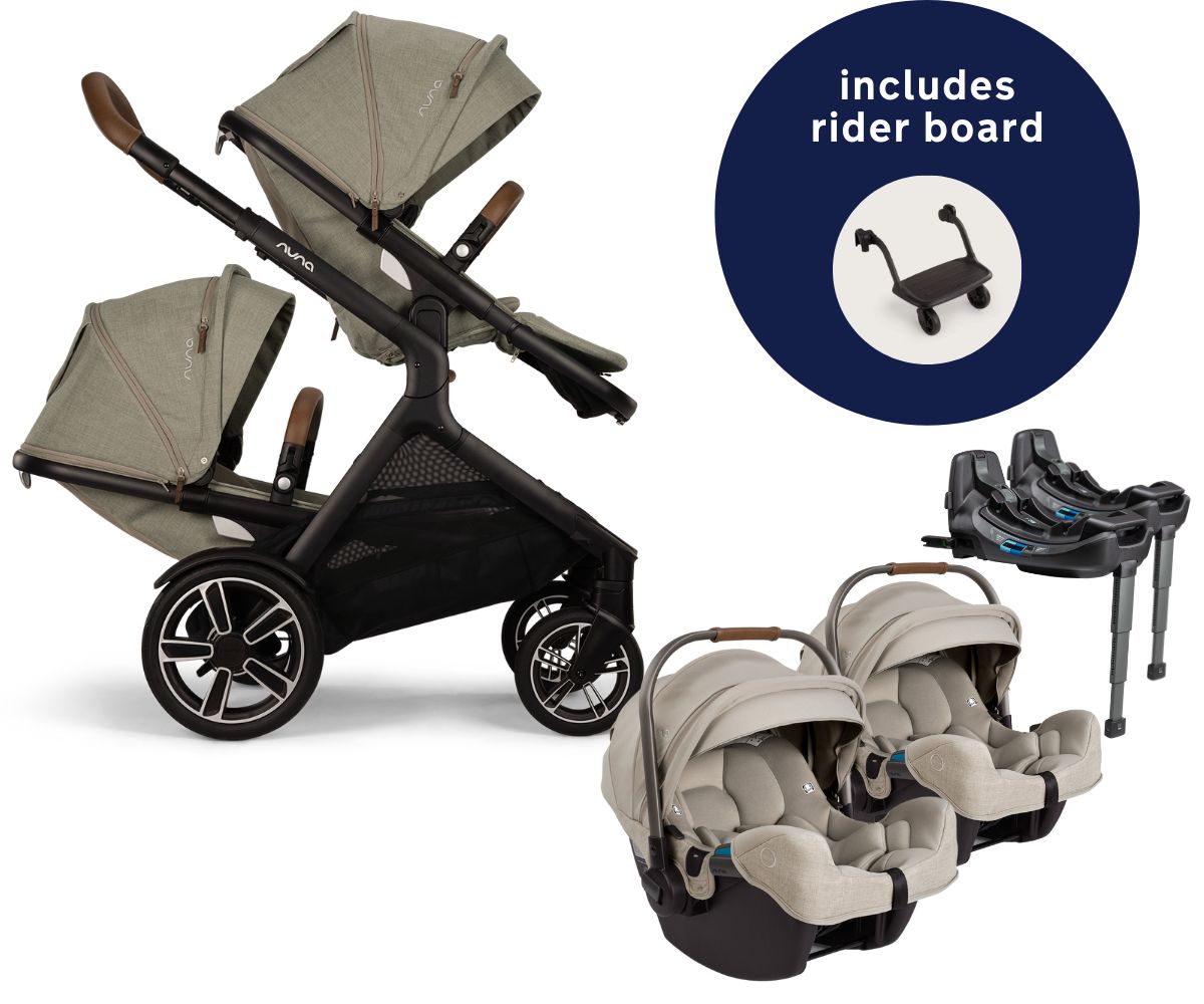 Nuna DEMI Next Twin Double Stroller with Rider Board + PIPA RX Travel System Bundle - Hazelwood