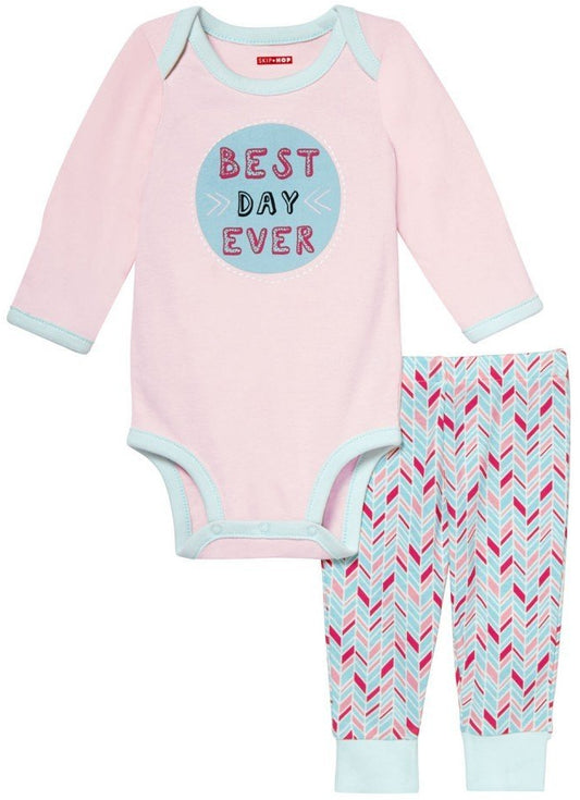 Skip Hop Long Sleeve Bodysuit & Pant Set, Best Day Ever - Pink Feather (3 Months)