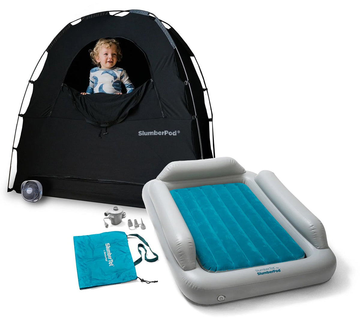 SlumberPod Privacy Canopy with Fan + SlumberTot Inflatable Toddler Bed Bundle - Black / Gray