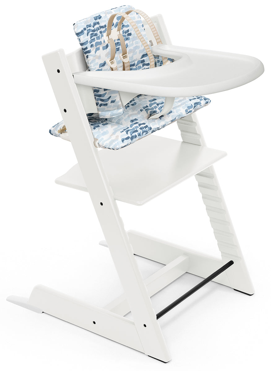 Tripp Trapp High Chair and Cushion with Stokke Tray - White / Waves Blue