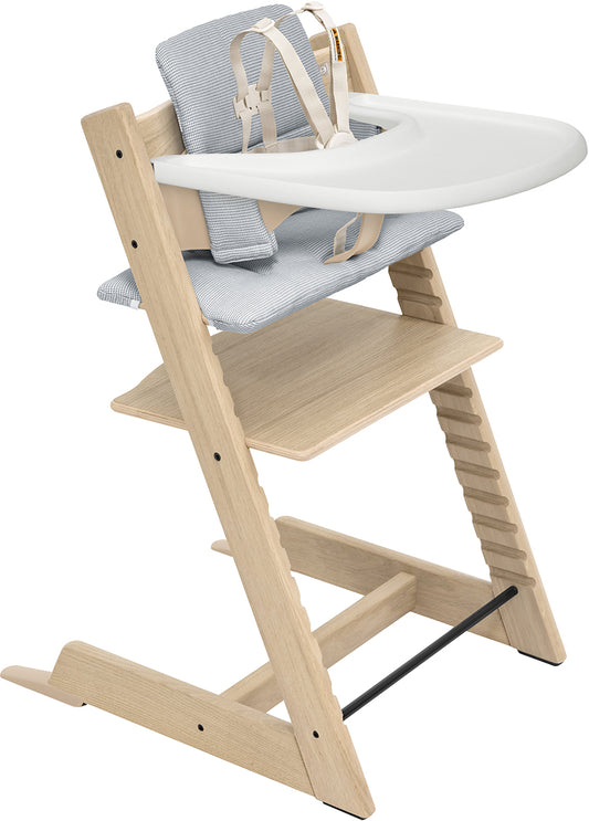 Tripp Trapp High Chair2 and Cushion with Stokke Tray - Oak Natural / Nordic Blue