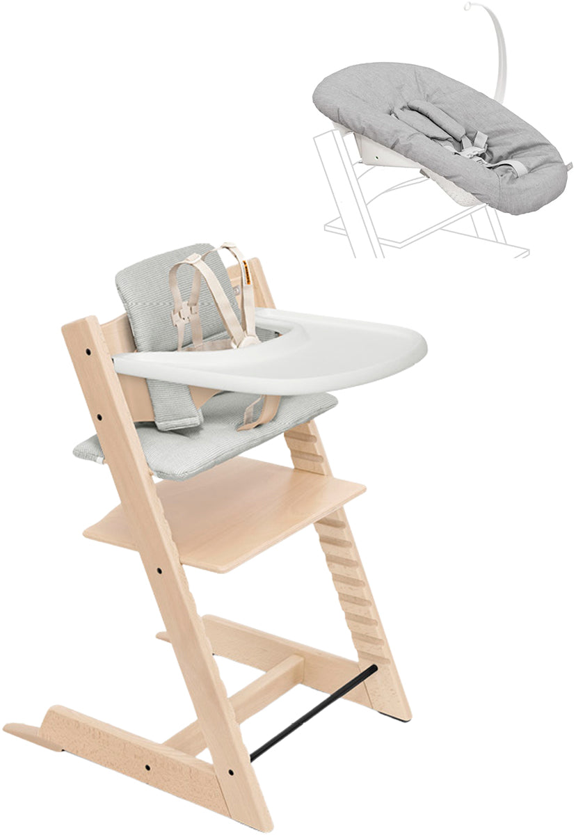 Tripp Trapp High Chair2 with Cushion, Newborn Set and Stokke Tray - Natural / Nordic Grey