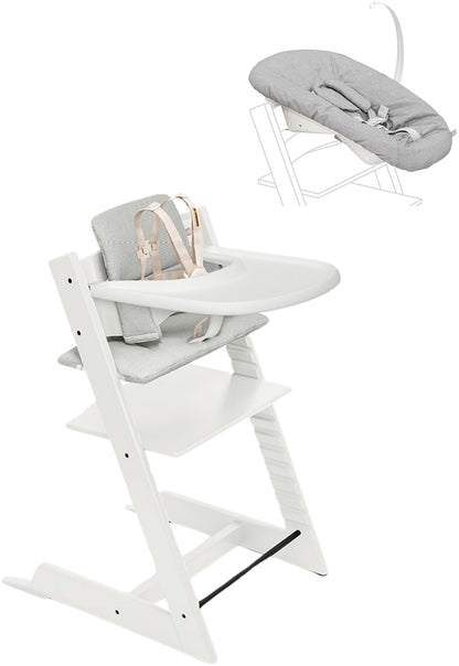 Tripp Trapp High Chair2 with Cushion, Newborn Set and Stokke Tray - White / Nordic Grey