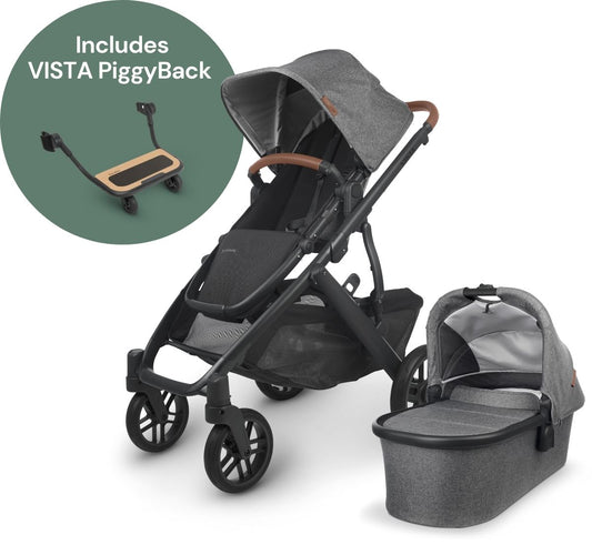 UPPAbaby Vista V2 Single-to-Double Stroller + PiggyBack Ride-Along Bundle - Greyson (Charcoal Melange/Carbon/Saddle Leather)